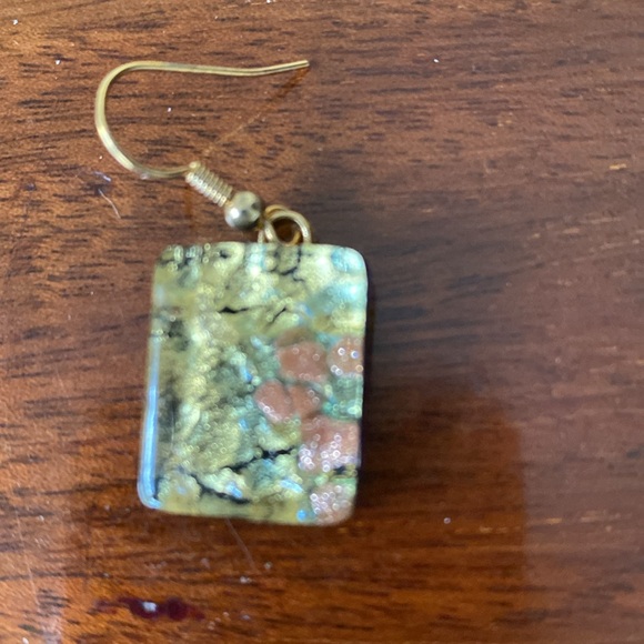 Murano Italy Glass Earrings gold leaf, sea foam green, bronze, and cobalt blue - Picture 3 of 9